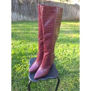 Womens Burgundy Croc Embossed Knee High Boots Stiletto Pointed Toe new w/o box